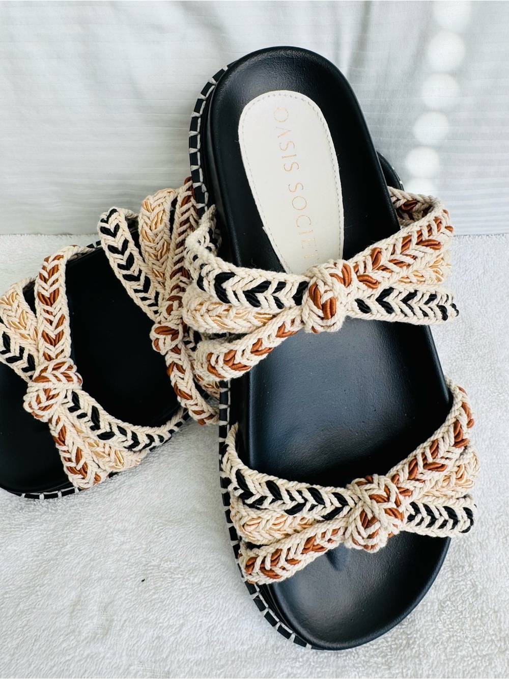 Oasis Society Braided Double-Strap Slide Sandals in Black, Cream & Tan - Picture 3 of 6